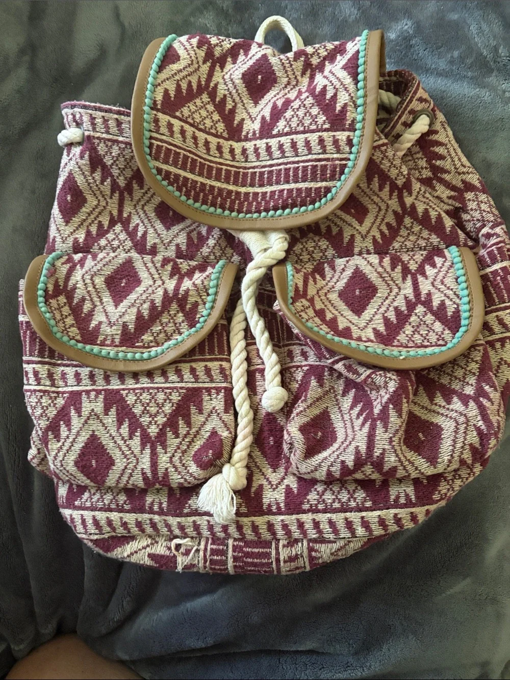 EARTHBOUND Burgundy and Cream Aztec Drawstring Backpack with Teal Trim